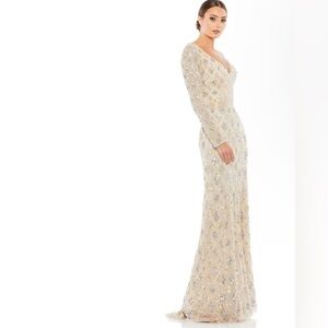 Mac Duggal Long Sleeve Cream Gown with Silver Accents